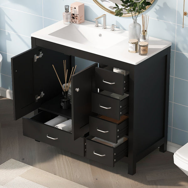 English Elm 36" Black Bathroom Vanity with Ceramic Sink, 2 Soft-Close Doors & 5 Drawers, Modern Storage Elegance N729P183735B