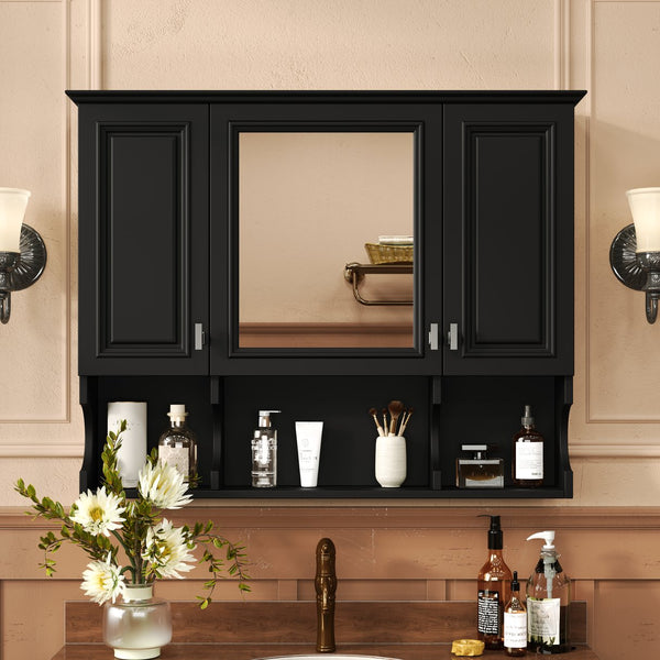 English Elm 35'' Modern Wall-Mounted Medicine Cabinet with Mirror, Hidden Storage and Open Shelves for Bath Black N710P209443B
