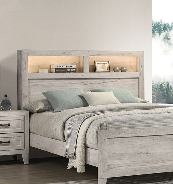 English Elm Simple Queen Size Bed With Integrated Headboard Shelves & Ambient Lighting - White Wash Finish B2741S00220-GIGA