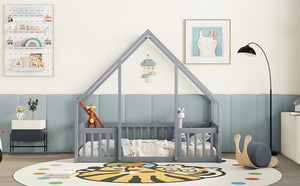 English Elm Twin Wood House-Shaped Floor Bed with Fence and Guardrails – Playful Pine Frame for Imaginative Kids Retreat Grey W504P143289