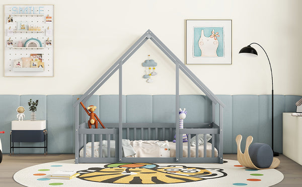 English Elm Twin Wood House-Shaped Floor Bed with Fence and Guardrails – Playful Pine Frame for Imaginative Kids Retreat Grey W504P143289