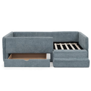 English Elm Twin Boucle Upholstered Kids Bed with Guardrails Built in Storage and Cushioned Step Stool Navy W1413P433366