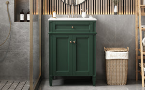 English Elm 24" Bathroom Vanity with Ceramic Basin, French-Inspired Accent Carvings, Soft-Close Doors & Storage Green N710P293309F