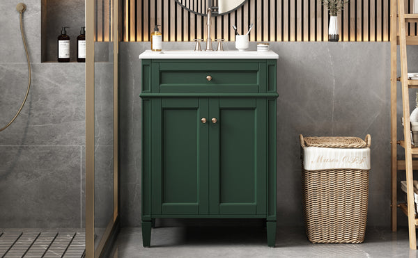 English Elm 24" Bathroom Vanity with Ceramic Basin, French-Inspired Accent Carvings, Soft-Close Doors & Storage Green N710P293309F