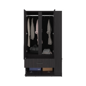 English Elm Dakota Modern Freestanding Armoire with Double Doors, Hanging Rod & Shelves — Sleek Black Storage B200S00445