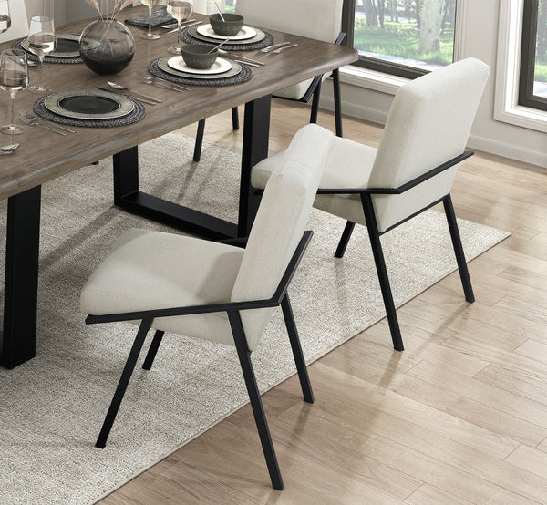 English Elm Modern Oak Veneer Dining Table with Six Cream Upholstered Chairs Black Metal Base B011S01606
