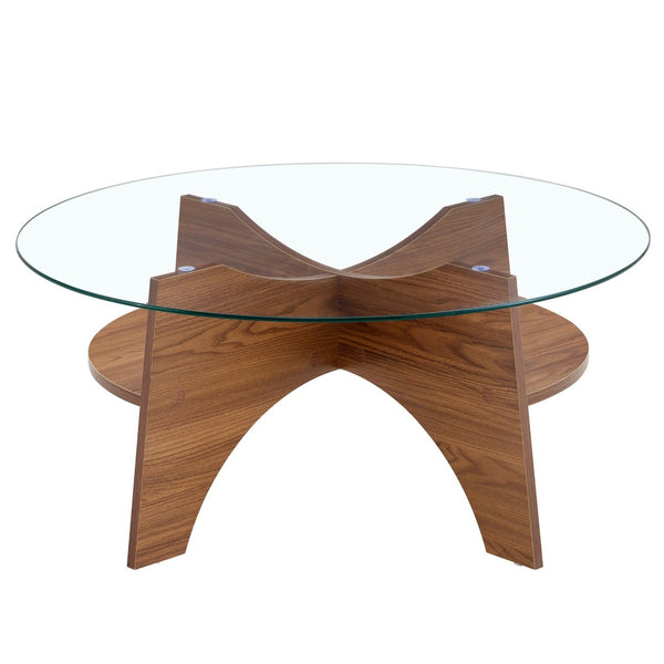 English Elm Round Tempered Glass Coffee Table with Fan Pedestal Base for Modern Living Rooms Transparent,Walnut W1151P256004