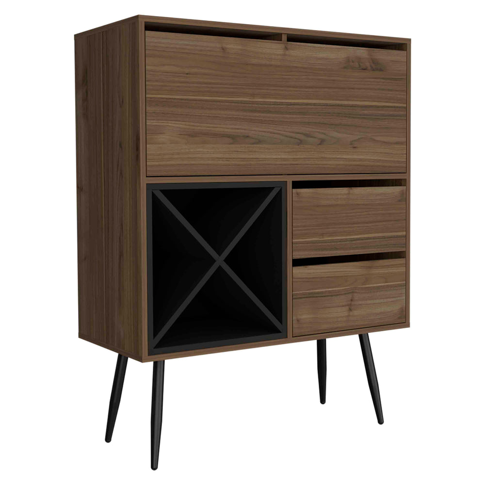 English Elm Prunus Mahogany Bar Cabinet with Two Drawers, Four Bottle Racks & Shelves — Stylish Black Accents B200S00409