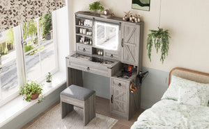 English Elm Farmhouse LED Vanity Desk with Sliding Mirror, Glass Top Storage, Built-In Charging Station & Stool Gray 37 L x 18.5 W x 13 H N733P340562G