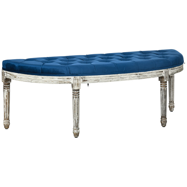 English Elm HOMCOM Vintage Semi-Circle Upholstered Entryway Bench with Tufted Velvet-Touch Seat and Rubberwood Legs Blue W2225P217019