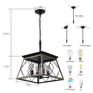 English Elm 16" Walnut Iron Cage Chandelier 4 Light Industrial Pendant for Dining or Kitchen Island W2312P477248