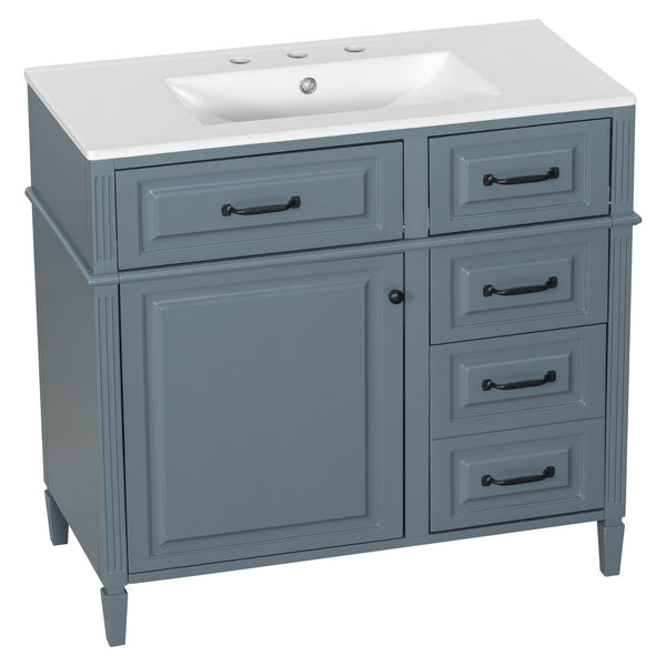 English Elm 36-Inch Modern Bathroom Vanity With Ceramic Sink Top, Storage Drawers, And Stylish Blue Gray Finish N725P350849E