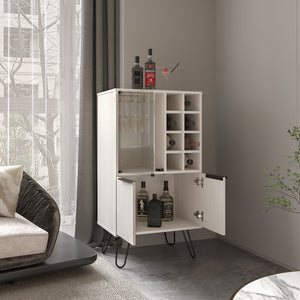 English Elm Bar Cabinet White Washed Oak 43.1" H with Glass Display, 2 Doors, 9 Shelves, Sturdy Legs, FSC B097P250849