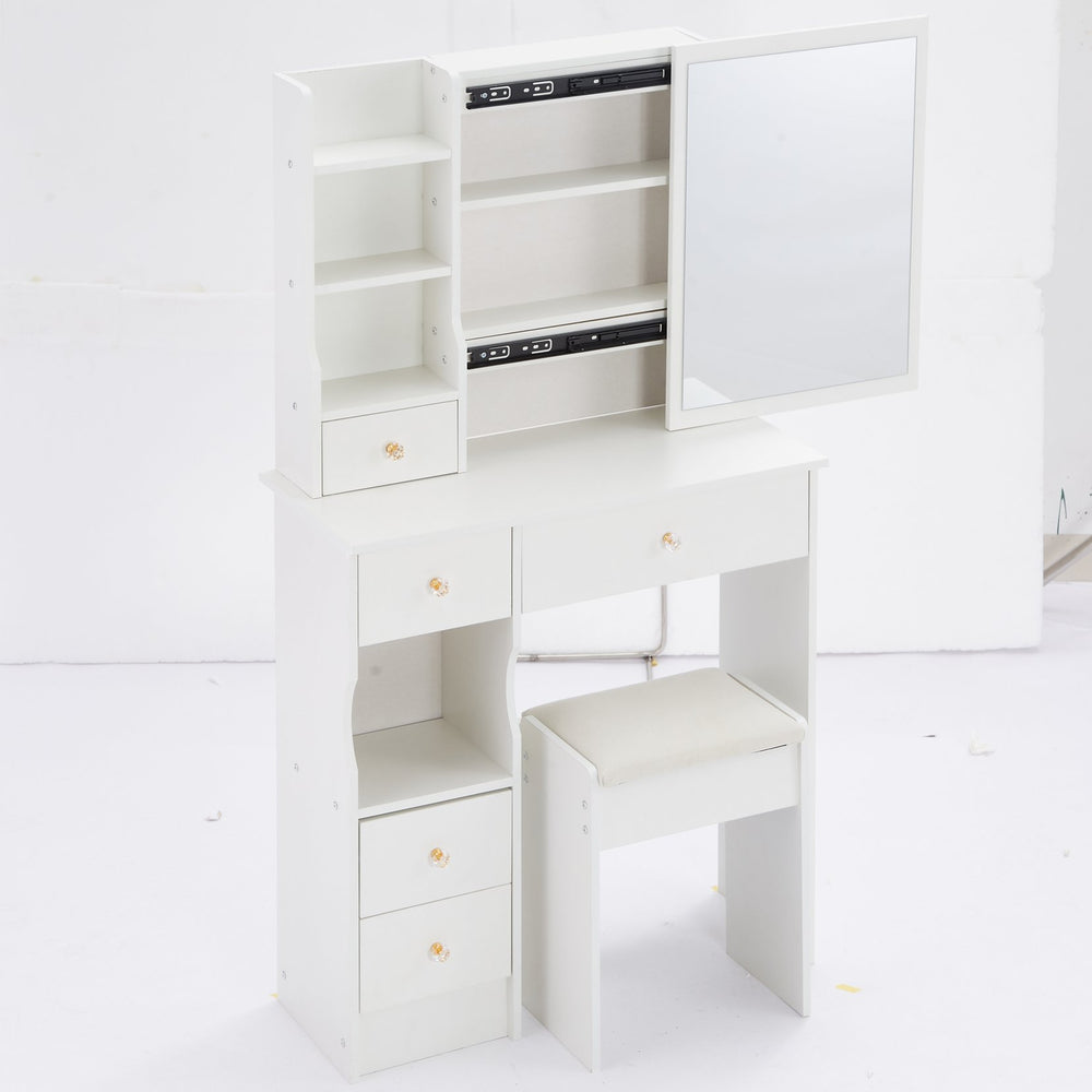 English Elm 29.2" Stylish Compact Vanity Table Set With Cushioned Stool & Large Sliding Mirror For Small Spaces W936P226026