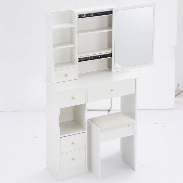 English Elm 29.2" Stylish Compact Vanity Table Set With Cushioned Stool & Large Sliding Mirror For Small Spaces W936P226026