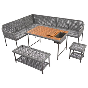 English Elm K&K 6-Piece Rope Patio L-Shaped Sectional Set with Acacia Wood Ice Box Table and Deep Cushions Grey N707S000014G