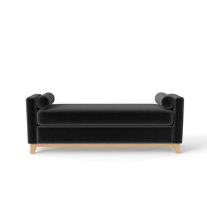 English Elm 66.34 Inch Sherpa Fleece Bench with Fluted Wood Legs Bolster Pillows Mid-century Lounge Black+Natural W1658P445920