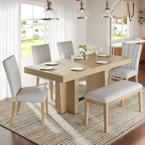 English Elm Topmax Farmhouse Extendable Rubberwood Dining Set Seats Six with Bench and Linen Chairs Natural+Beige N717S000089A