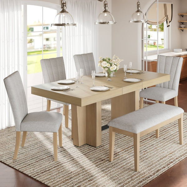 English Elm Topmax Farmhouse Extendable Rubberwood Dining Set Seats Six with Bench and Linen Chairs Natural+Beige N717S000089A