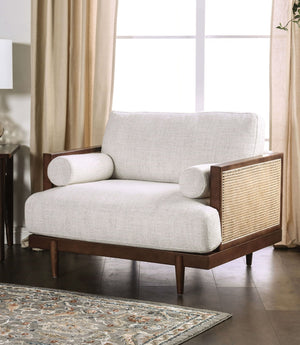 English Elm Beige Mid-Century Modern Chair with Ash Wood Trim, Rattan Panels, Tapered Legs & Plush Cushions B2741P378637