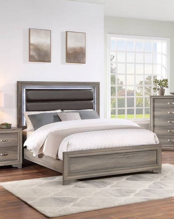 English Elm Elegant Eastern King Platform Bed Espresso Leather Tufted Headboard with Led Lighting B011S02110