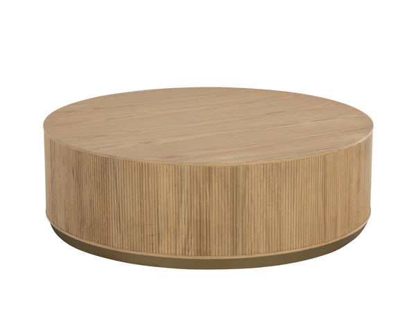 Sunpan Kalla Coffee Table - Elegant Oak Design with Vertical Reeding and Brushed Gold Steel Base for Style Rustic Oak