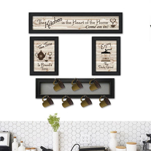 English Elm "kitchen Collection Iv" Handcrafted Wood Wall Art with 7-peg Mug Rack Black Frame B06787069