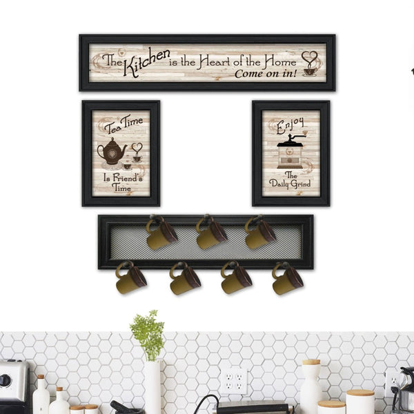 English Elm "kitchen Collection Iv" Handcrafted Wood Wall Art with 7-peg Mug Rack Black Frame B06787069