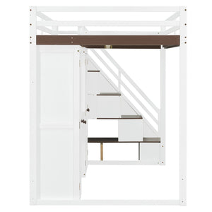 English Elm Full Size Teen Loft Bed with Wardrobe Staircase Storage Dressing Table and Led Lights LT000276AAP