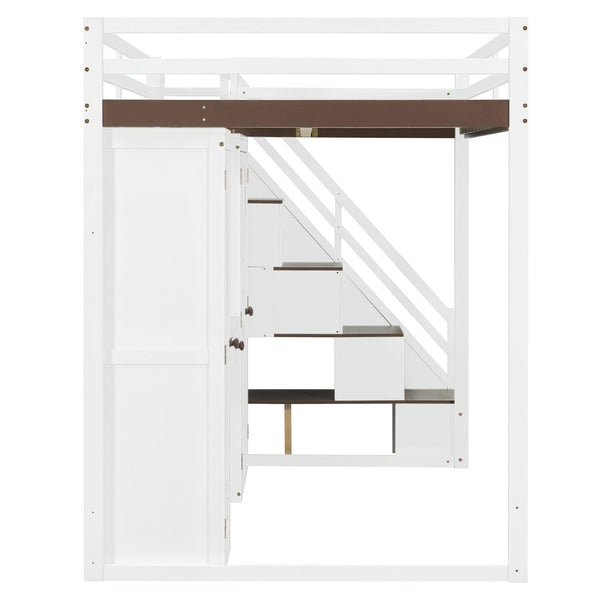 English Elm Full Size Teen Loft Bed with Wardrobe Staircase Storage Dressing Table and Led Lights LT000276AAP
