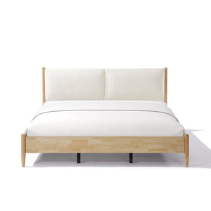 English Elm Christopher Knight Home® - California King Natural Wood Bed Frame with White Upholstered Headboard, Modern Minimalist Elegance N758C670405N