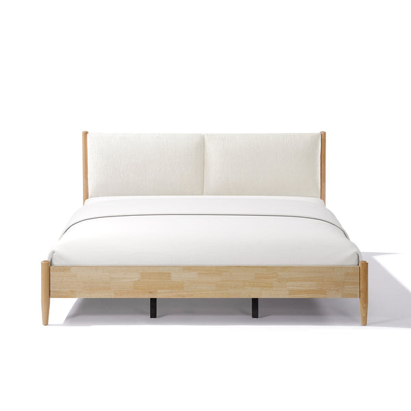 English Elm Christopher Knight Home® - King Natural Wood Bed Frame with White Upholstered Headboard, Modern Minimalist, Solid Slat Support 800lb Capacity N758K670203N