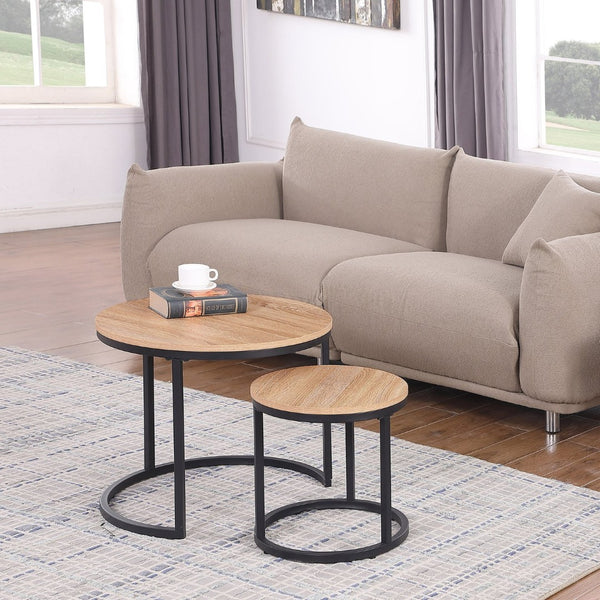 English Elm 24" Round Nesting Coffee Tables Natural Oak Mdf Top Metal Frame Modern Industrial Set W3151P412658