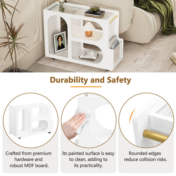 English Elm ON-TREND Mobile End Table with Locking Wheels, Fluted Tempered Glass Top, Gold Rod Accent, Sleek Storage Design White N721P179241K