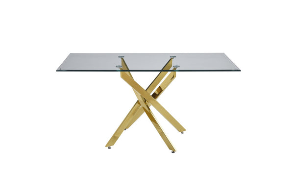 English Elm Modern Tempered Glass Dining Table with Gold Iron Frame for Home or Office Golden W3590S00004