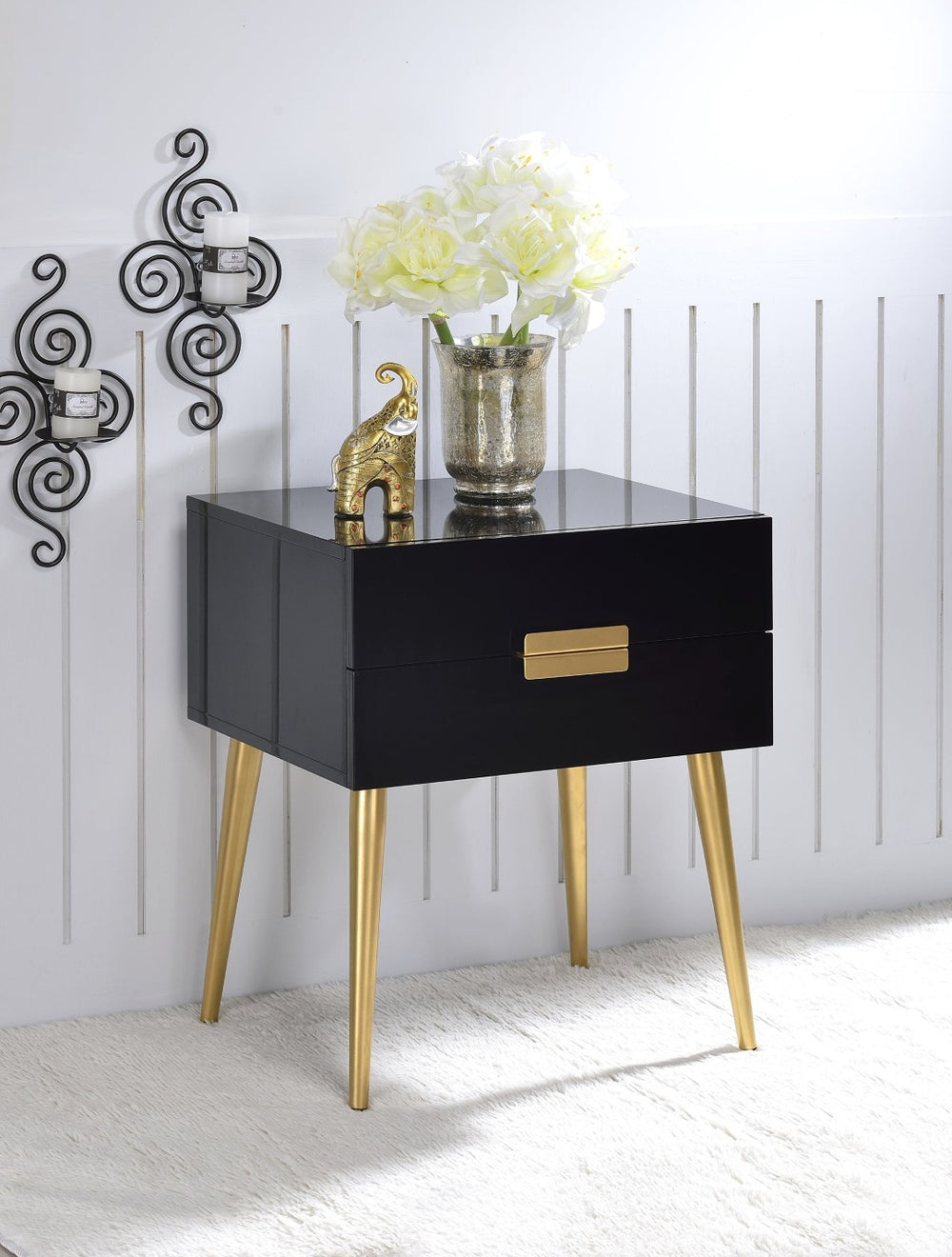 English Elm Denvor Two Drawer End Table with Gold Tapered Legs and Glossy Black Top B2726P445302