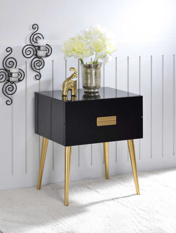 English Elm Denvor Two Drawer End Table with Gold Tapered Legs and Glossy Black Top B2726P445302