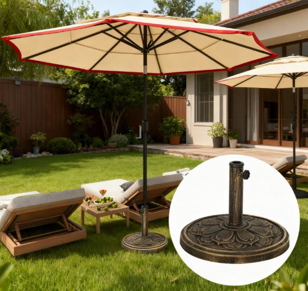English Elm Umbrella Stand Resin Concrete Base with Lotus Relief Bronze Finish for Patio Decks T3971P426735