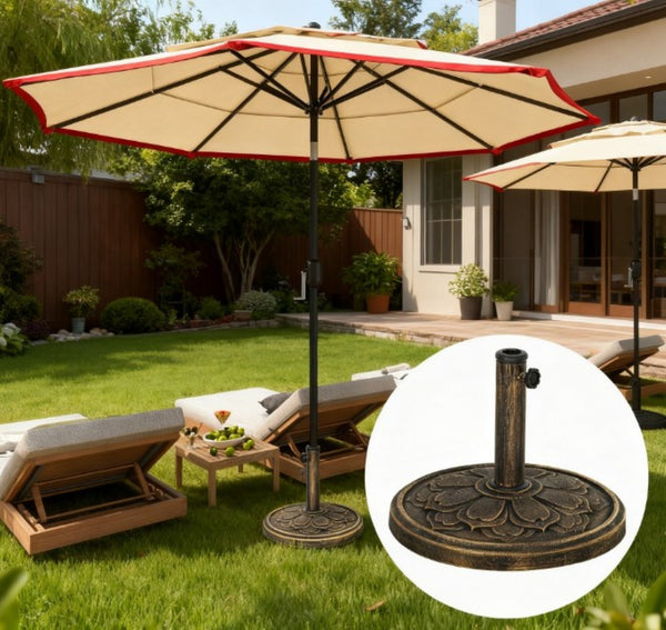 English Elm Umbrella Stand Resin Concrete Base with Lotus Relief Bronze Finish for Patio Decks T3971P426735