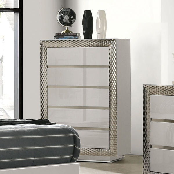 English Elm 1pc Crocodile-Embossed Chest with Diamond-Crusted Handles, Silver-Lined Panels, Glam Contemporary Appeal Gray 21 L x 37 W x 55 H B2741P369856