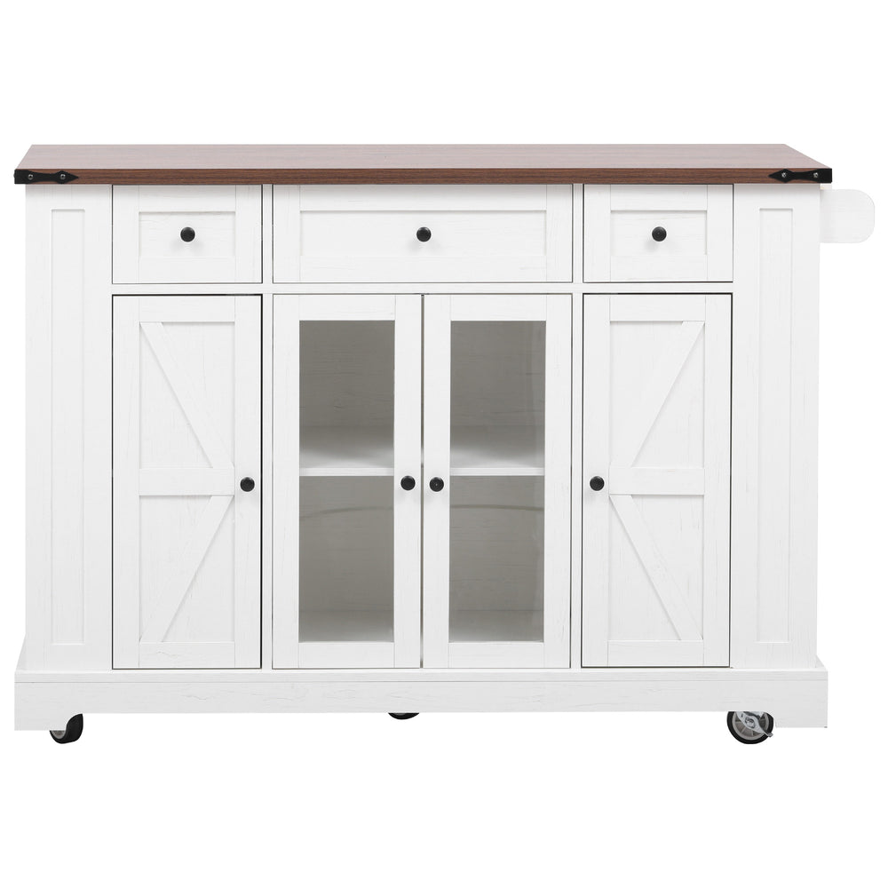 English Elm K&K 53" Farmhouse Kitchen Island with Drop Leaf, Tempered Glass Doors, Power Outlet, Rolling Cart White N707P263637W