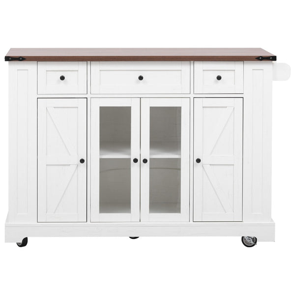 English Elm K&k Farmhouse Rolling Kitchen Island with Drop Leaf Tempered Glass Drawers and Power Outlet White N707S263637W