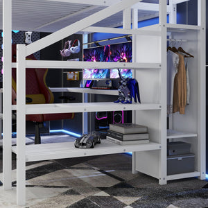English Elm Metal Queen Loft Bed with Wardrobe, LED Light, L-Shaped Desk and USB Ports for Space-Saving Rooms White 65.75 L x 17.52 W x 6.3 H W2593S00039