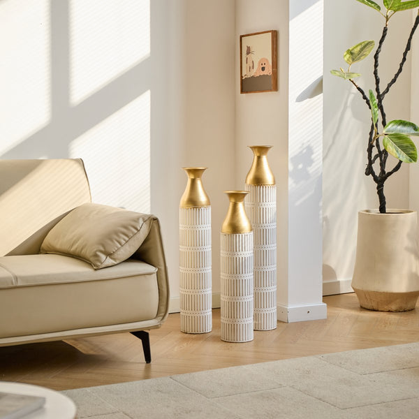 English Elm Floor White Metal Vases Set of 3 — Tall Glazed Cylinder Decor with Hammered Gold Trim, 24/28.7/33.5in W2796P193943