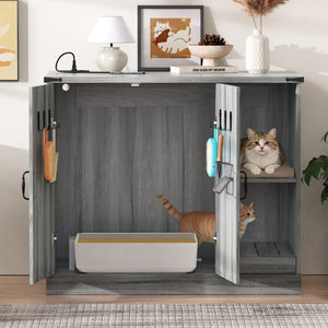 English Elm Cat Litter Box Cabinet Gray Mdf with Built-in Power Outlet and Geometric Door Design N704P414606E