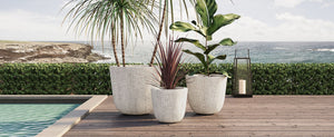 English Elm U_style Mgo Round Planters Set of Three Crackle Stone Texture Patio Garden Pots Beige N711P406660A