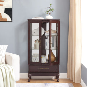 English Elm Curio Lighted Glass Display Cabinet with Adjustable Shelves, Vintage Drawer & Carved Metal Handle, Dark Finish Cherry W2275P199813