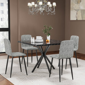 English Elm Square MDF Dining Set for 4 with Faux Marble Top, Mid-Century Modern Iron Legs, Easy-Clean Surface Black+Grey W578S00026
