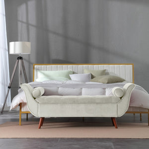 English Elm Vintage Button Tufted Velvet Storage Bench Mid Century Seat for Bedroom Entryway Beige W2795P428370
