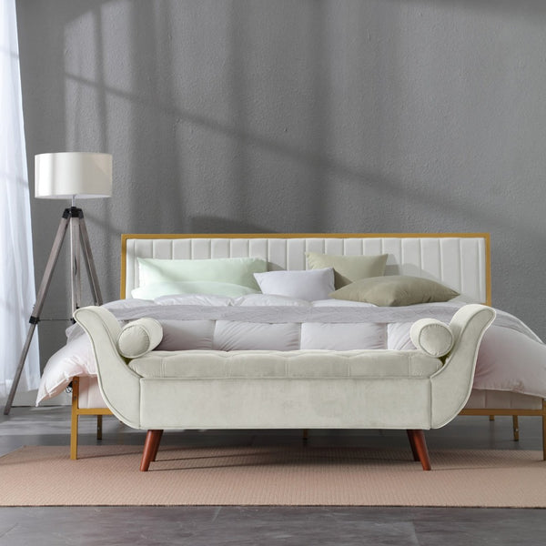 English Elm Vintage Button Tufted Velvet Storage Bench Mid Century Seat for Bedroom Entryway Beige W2795P428370